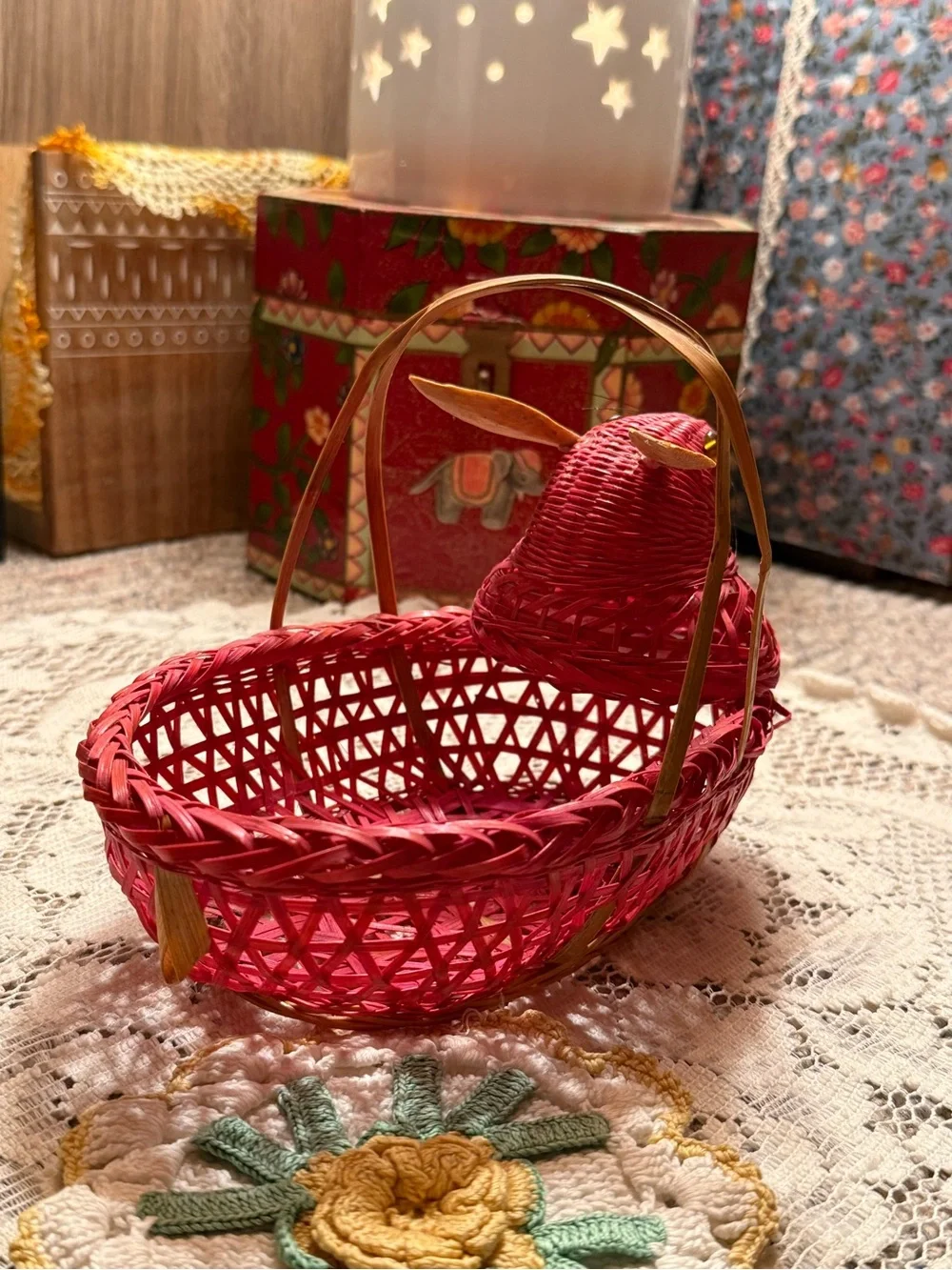 Vintage Wicker Bunny Rabbit Basket Red Wooden Rattan Ears Button Eyes & Whiskers